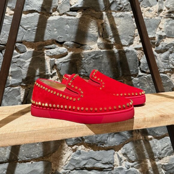 Christian Louboutin Red Suede Pik Boat Spike Slip-on Sneakers - Picture 1 of 10